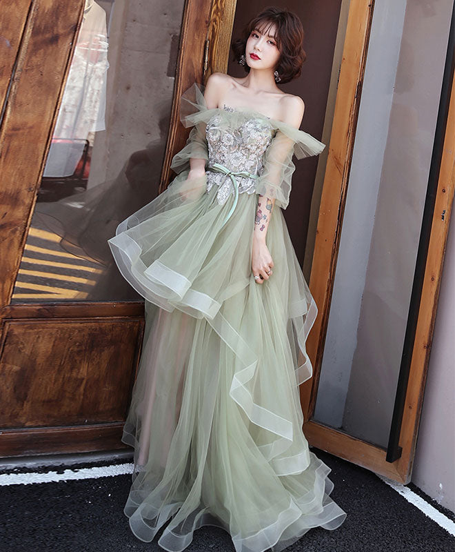 Green Tulle Lace Long Prom Dress, Green Tulle Evening Dress
