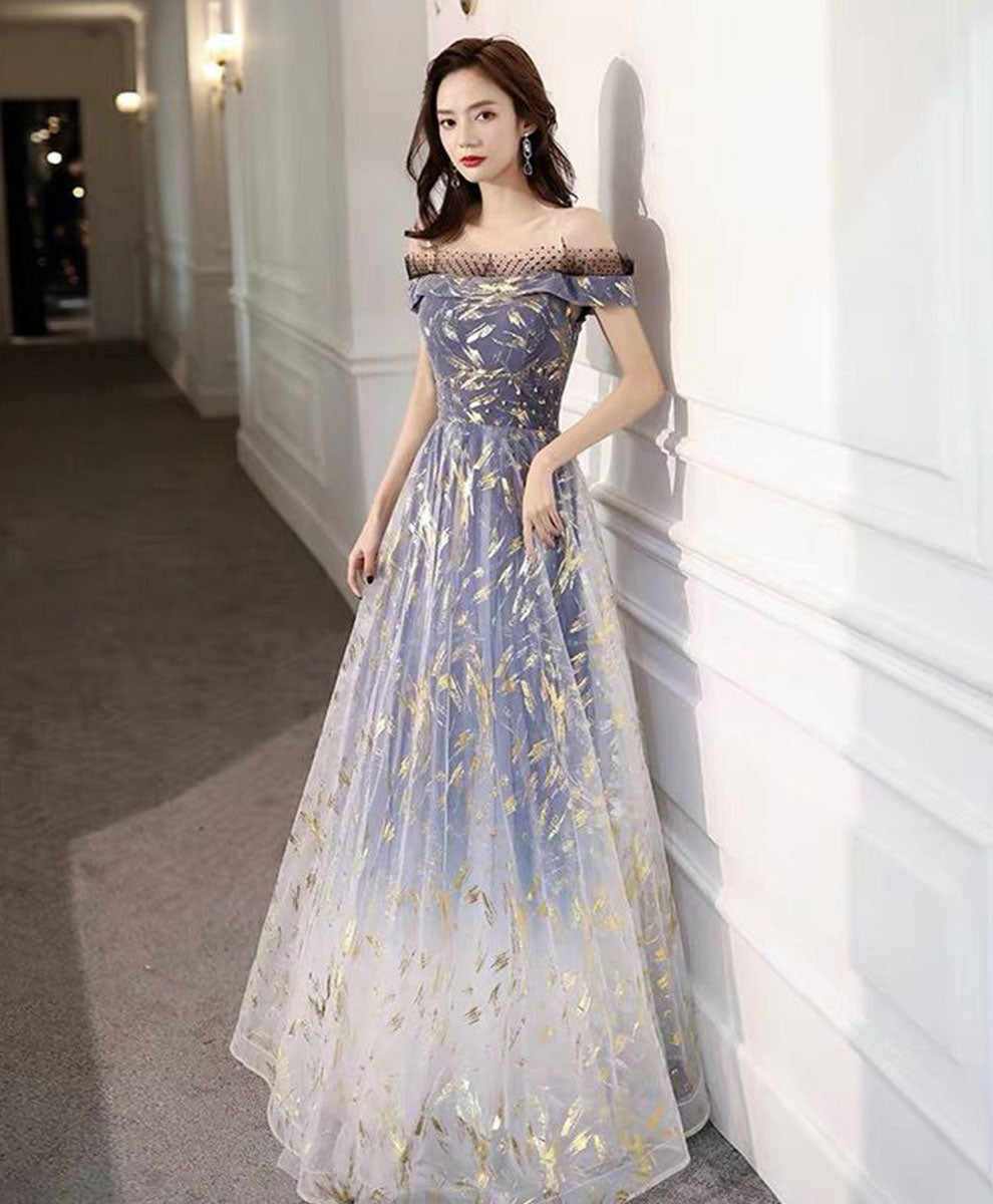 Blue Tulle Off Shoulder Lace Long Prom Dress Tulle Formal Dress