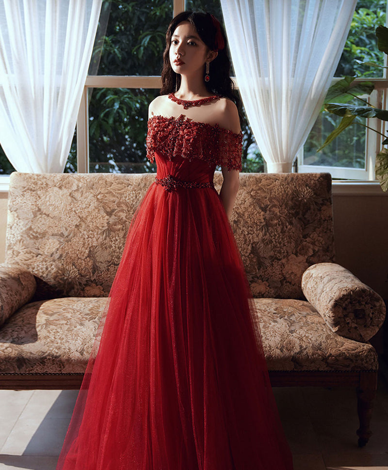 Burgundy Round Neck Beads Tulle Long Prom Dress, Burgundy Graduation Dresses US 2 / Burgundy