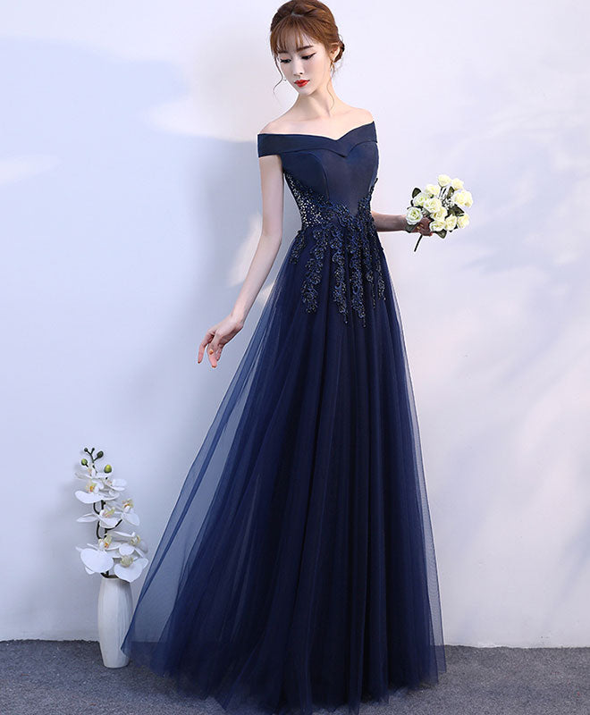 Simple Blue Off Shoulder Long Prom Dress, Blue Bridesmaid Dress