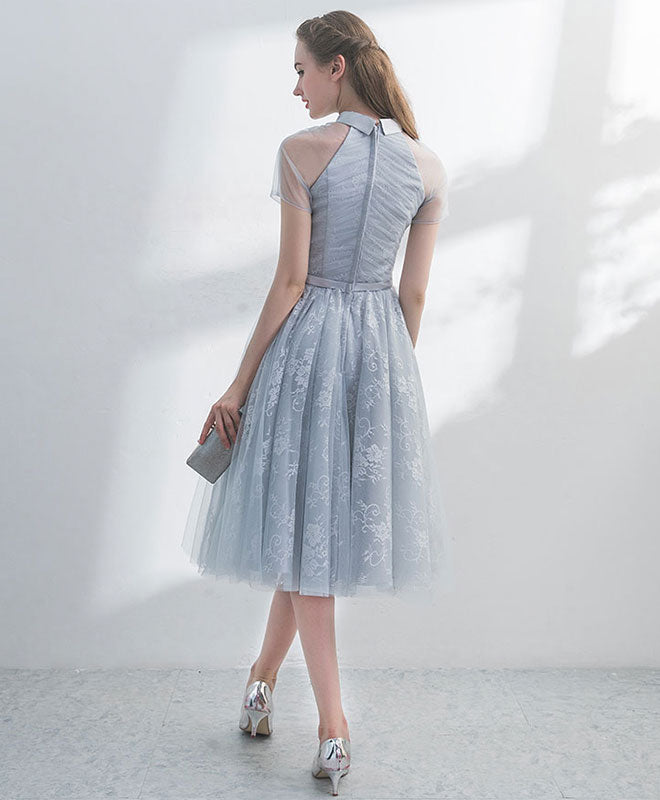 A-Line Gray Tulle Lace Short Prom Dress, Gray Homecoming Dress