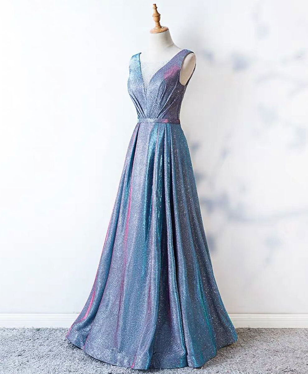 A-Line Blue Sequin Long Prom Dress Blue Formal Dress