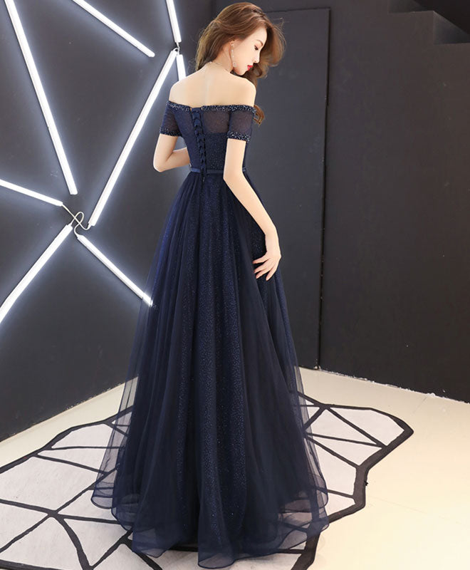 Dark Blue Tulle Long Prom Dress, Blue Tulle Evening Dress