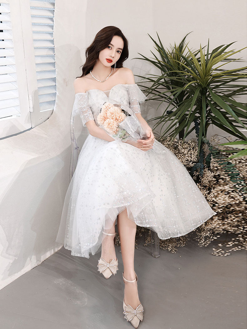 Gray White Lace Short Prom Dress White Tulle Lace Homecoming Dress