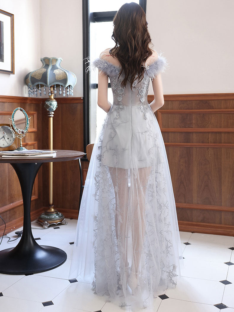 Gray Sweetheart Neck Tulle Long Prom Dress, Gray Evening Dress