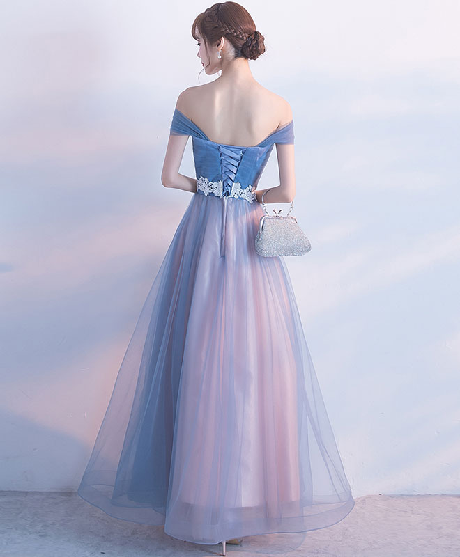 Gray Blue Tulle Long Prom Dress, Gray Blue Tulle Bridesmaid Dress – shopluu