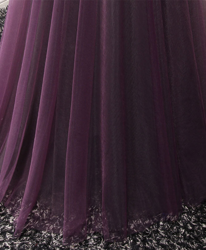 Purple Tulle Lace Off Shoulder Long Prom Dress, Purple Evening Dress