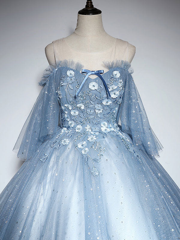 shopluu Blue Sweetheart Neck Tulle Lace Long Prom Dress, Blue Evening Dress US 10 / Custom Color