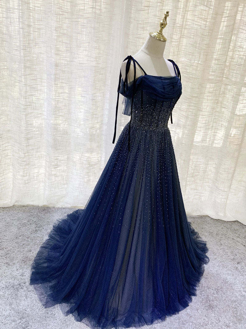 Dark Blue Tulle Sequin Long Prom Dress, Blue Tulle Formal Dress Custom Size / Dark Blue Dark Blue Tulle Sequin Long Prom Dress, Blue Tulle Formal Dress Custom Size / Dark Blue