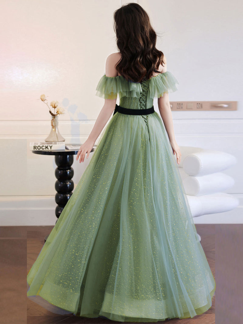 A line Green Long Prom Dresses, Green Tulle Formal Graduation Party Dr shopluu A line Green Long Prom Dresses, Green Tulle Formal Graduation Party Dr shopluu