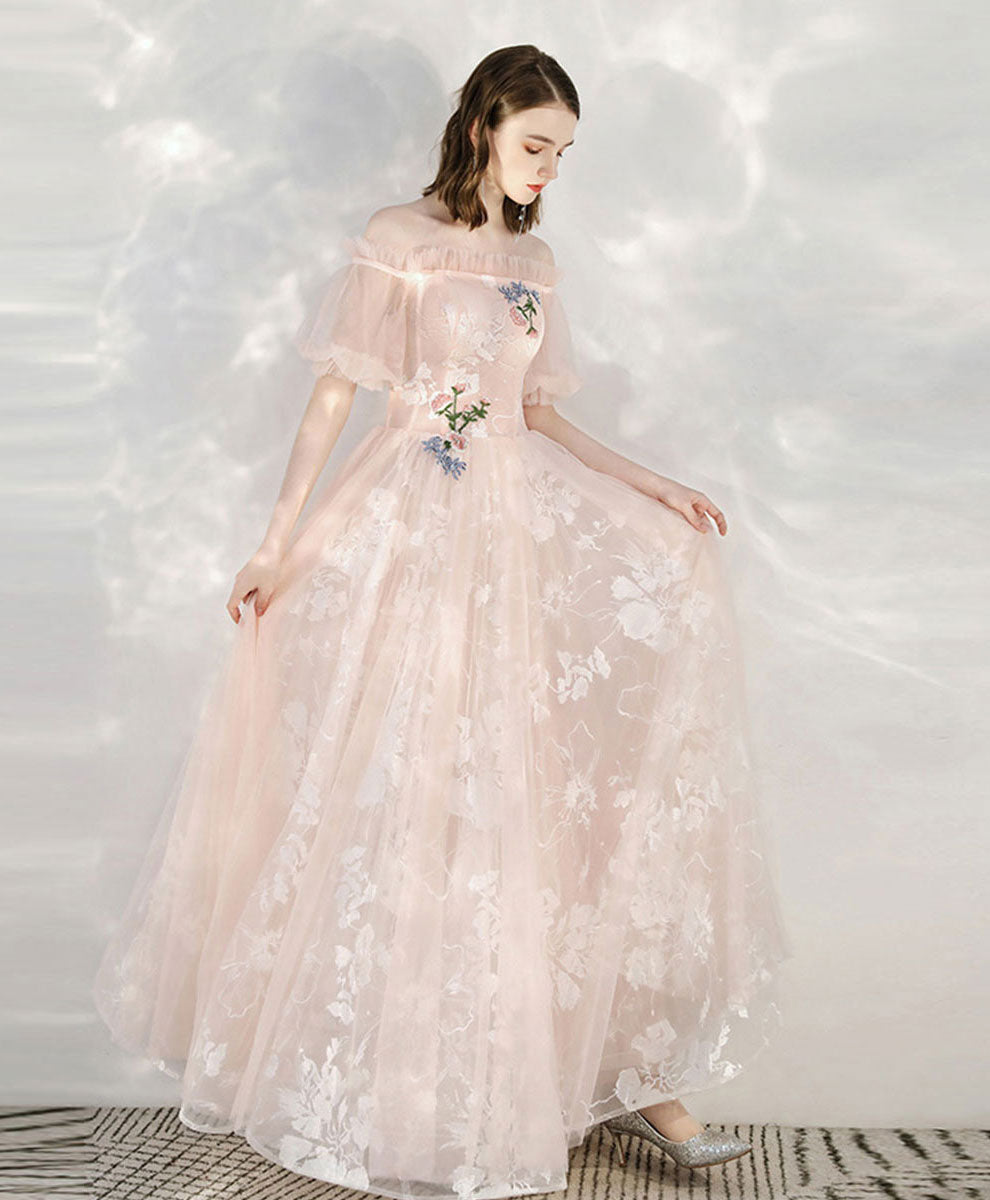 Pink Tulle Lace Off Shoulder Long Prom Dress Tulle Lace Evening Dress