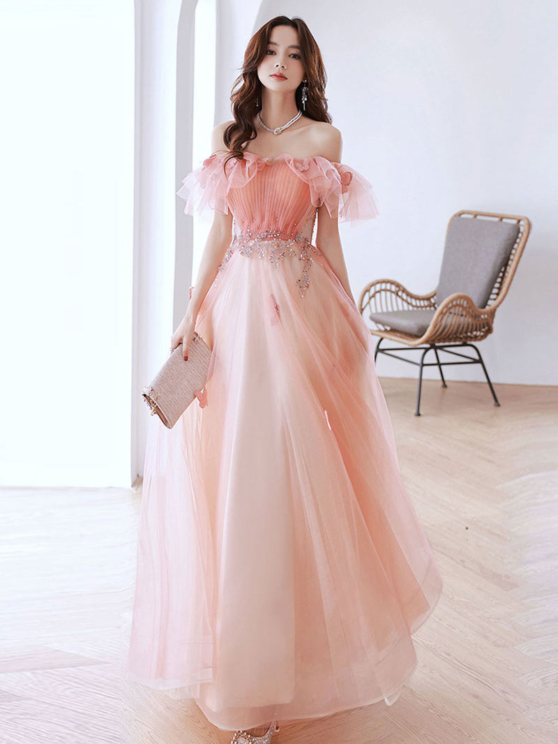 A-Line Off Shoulder Pink Long Prom Dresses, Pink Tulle Formal Evening Dress A-Line Off Shoulder Pink Long Prom Dresses, Pink Tulle Formal Evening Dress