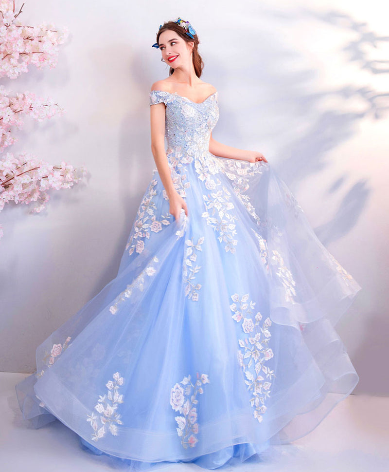Blue Off Shoulder Tulle Lace Applique Long Prom Dress, Blue Evening Dr shopluu Blue Off Shoulder Tulle Lace Applique Long Prom Dress, Blue Evening Dr shopluu