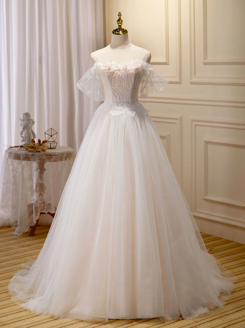 long fancy dresses Champagne Lace Long A-line Prom Dress, Off the Shoulder Evening Dress US 2 / Custom Color