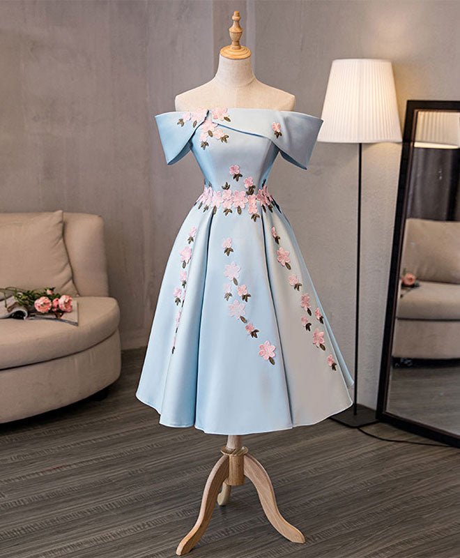 Blue Satin Off The Shoulder Prom Dresses, A-Line Homecoming Dresses US 6 / Custom Color Blue Satin Off The Shoulder Prom Dresses, A-Line Homecoming Dresses US 6 / Custom Color