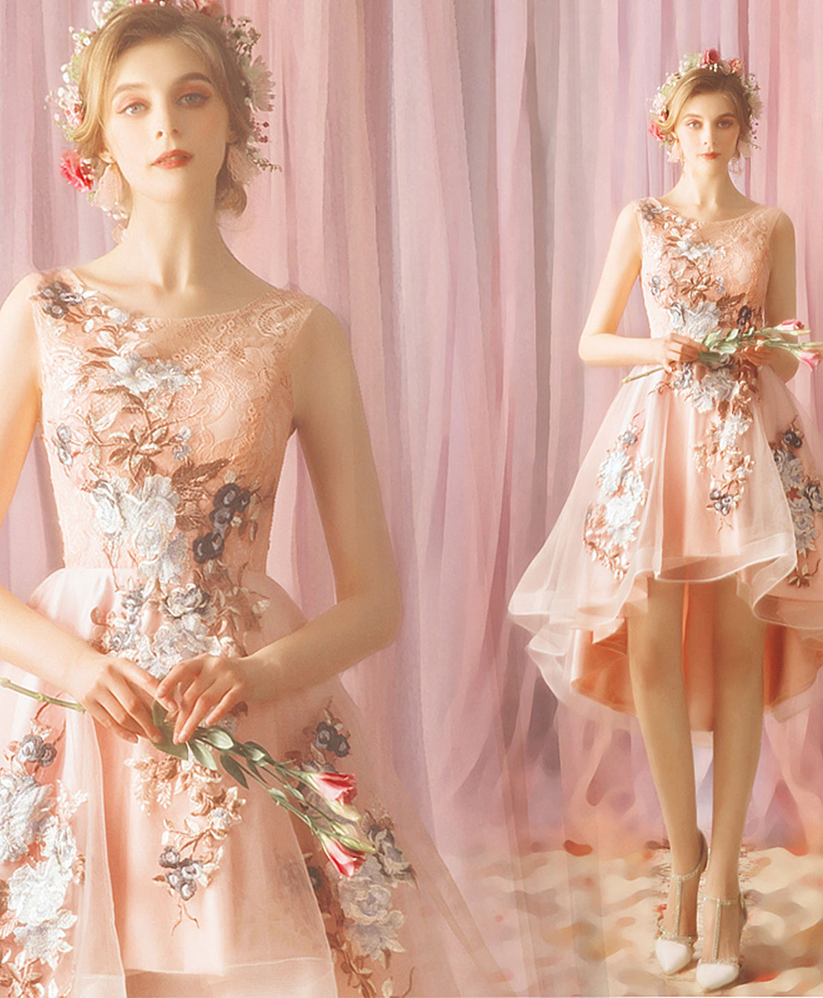 Pink Tulle Lace Short Prom Dress, Homecoming Dress