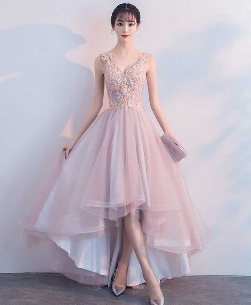Cute V Neck Light Pink Tulle Lace Prom Dress, Tulle Evening Dress