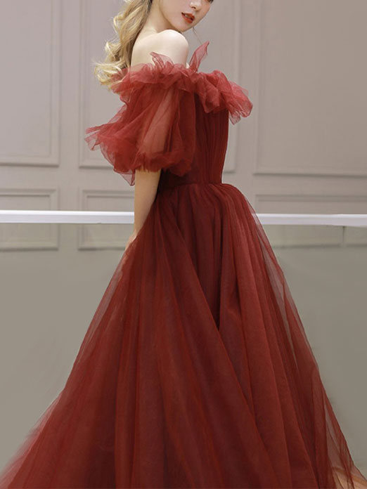 Burgundy Off Shoulder Tulle Long Prom Dress, Burgundy Evening Dress