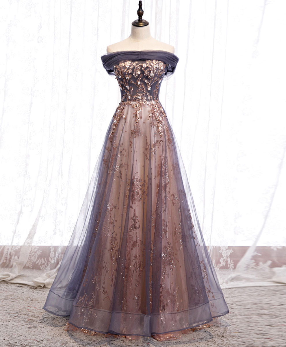 A-Line Tulle Off Shoulder Lace Long Prom Dress Lace Formal Dress