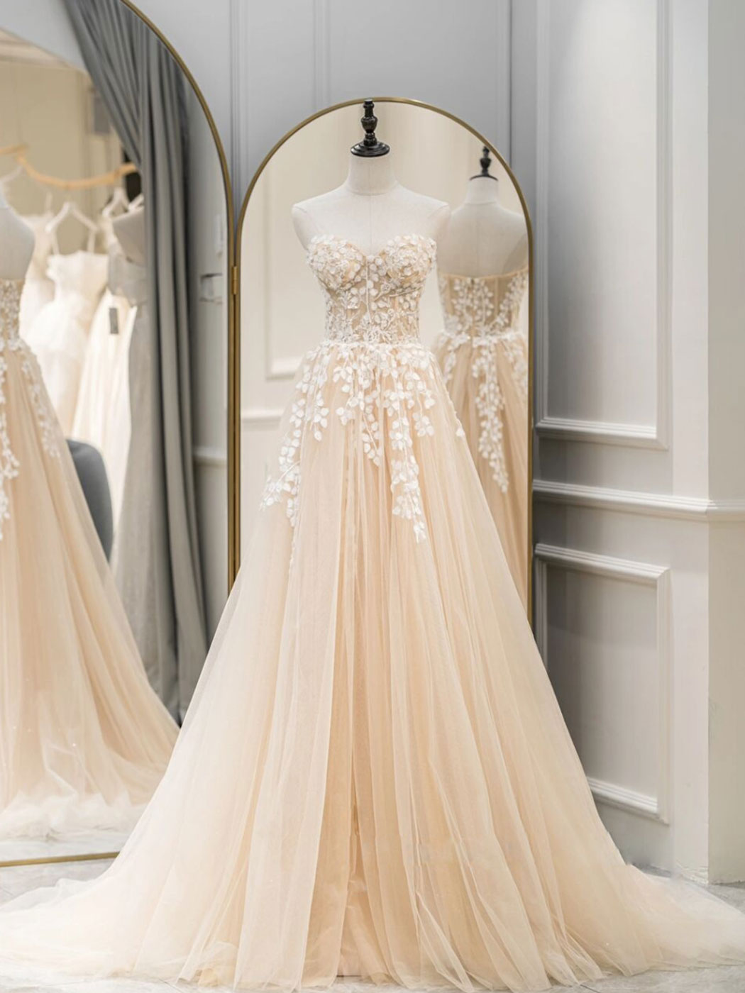 Blue Sweetheart Neck Tulle Long Prom Gown, Blue Long Formal Graduation Dress
