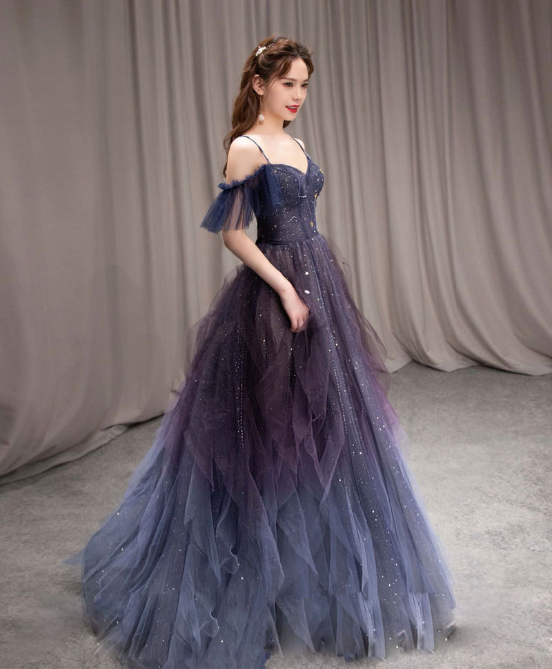 Dark Blue Sequin Tulle Long Prom Dress, Dark Blue Evening Dress – shopluu
