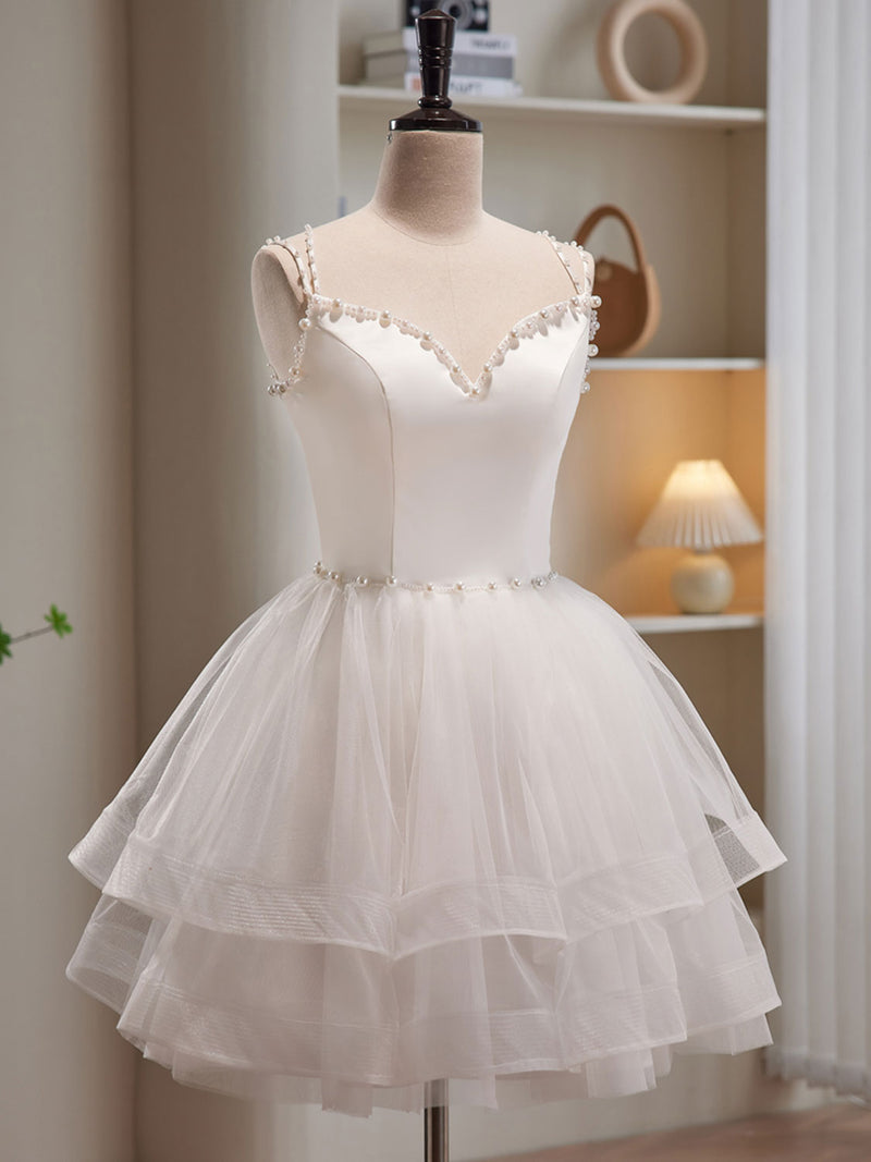 White Spaghetti Strap Tulle Short Prom Dress, Cute A-Line Party Dress US 14 / White White Spaghetti Strap Tulle Short Prom Dress, Cute A-Line Party Dress US 14 / White