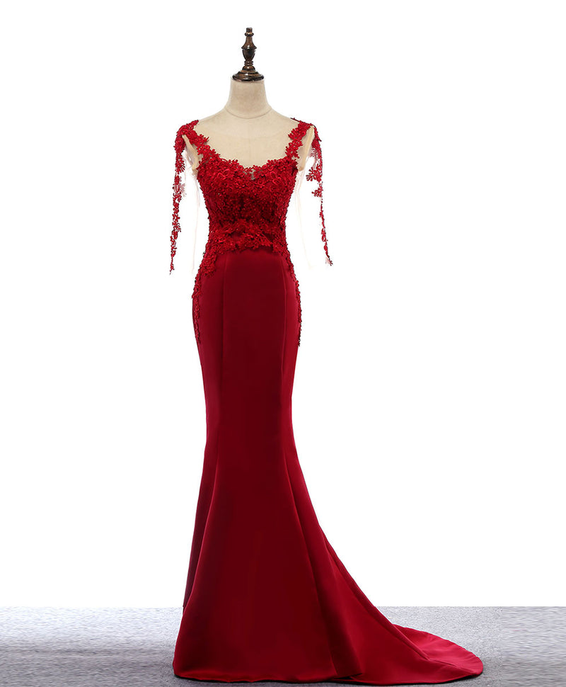 Burgundy Round Neck Lace Satin Mermaid Long Prom Dress Lace Formal Dress US 14 / Burgundy Burgundy Round Neck Lace Satin Mermaid Long Prom Dress Lace Formal Dress US 14 / Burgundy