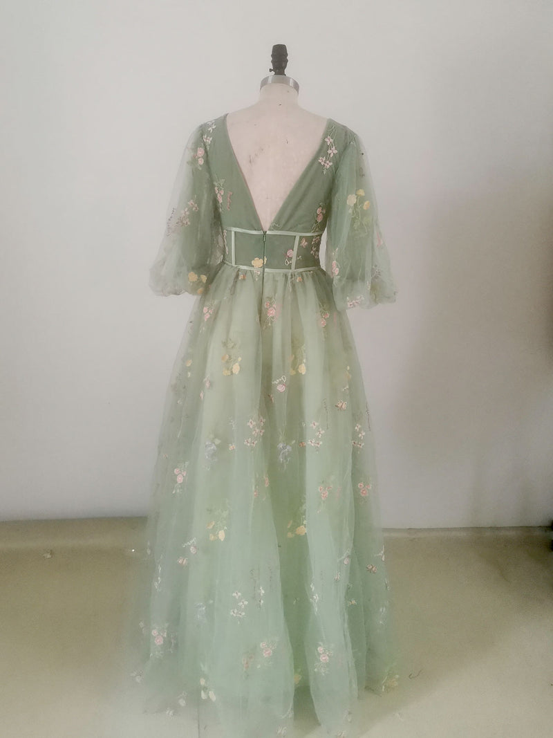 Green V Neck Tulle Lace Long Prom Dress, A Line Tulle Long Bridesmaid Dress US 10 / Green Green V Neck Tulle Lace Long Prom Dress, A Line Tulle Long Bridesmaid Dress US 10 / Green