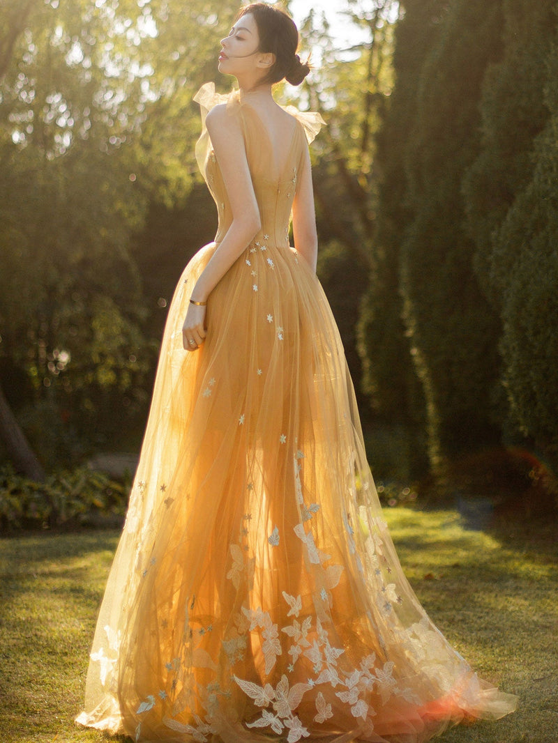 Swing Dress Yellow Tea Dress Elegant Tulle Lace A Line Long Prom Dress, Tulle Lace Graduation Dress Shopluu Swing Dress Yellow Tea Dress Elegant Tulle Lace A Line Long Prom Dress, Tulle Lace Graduation Dress Shopluu