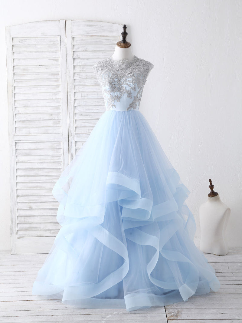 Blue Tulle Lace Applique Long Prom Dress Blue Tulle Sweet 16 Dress shopluu Blue Tulle Lace Applique Long Prom Dress Blue Tulle Sweet 16 Dress shopluu