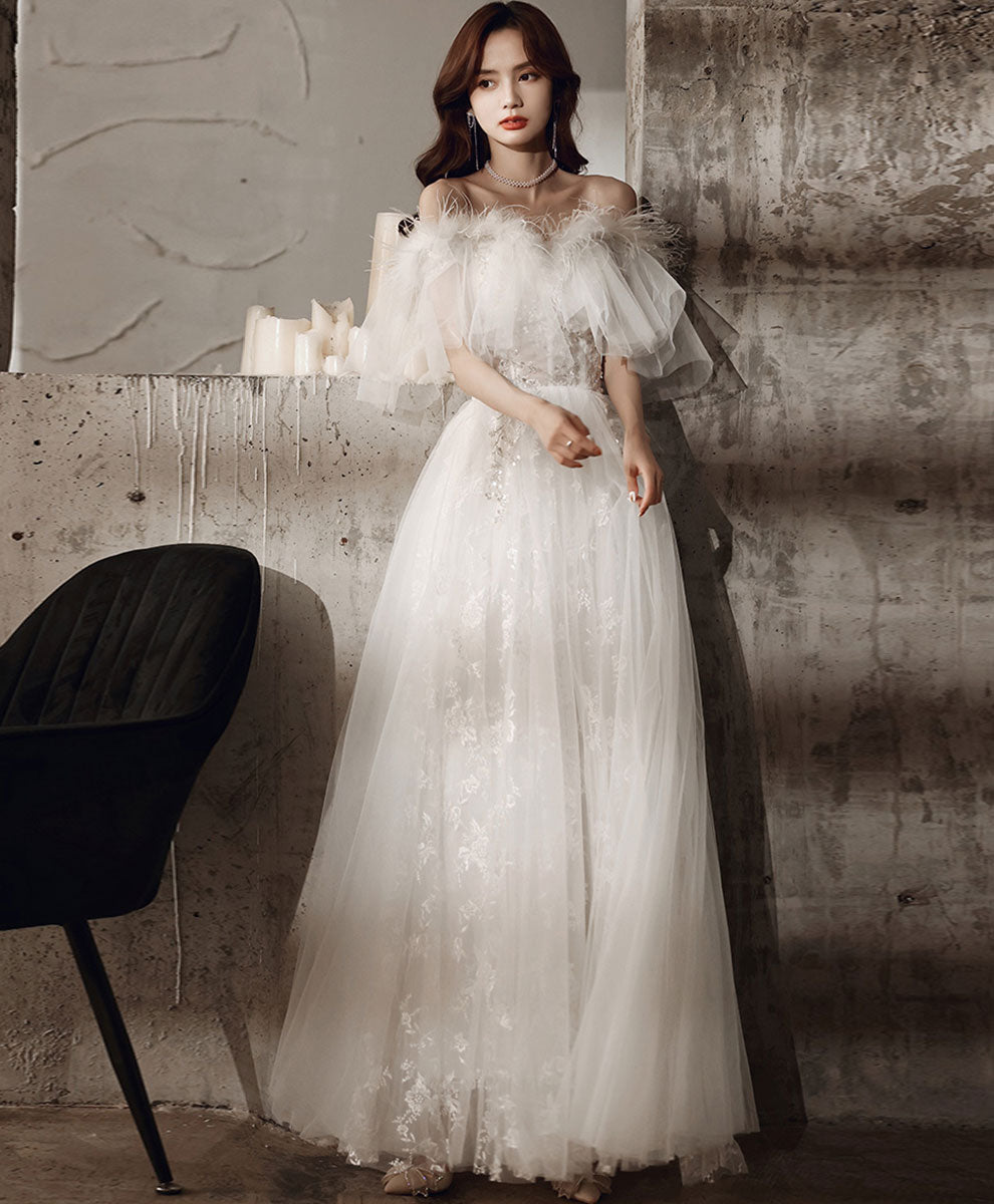 White Sweetheart Tulle Long Prom Dress, White Lace Long Graduation Dress