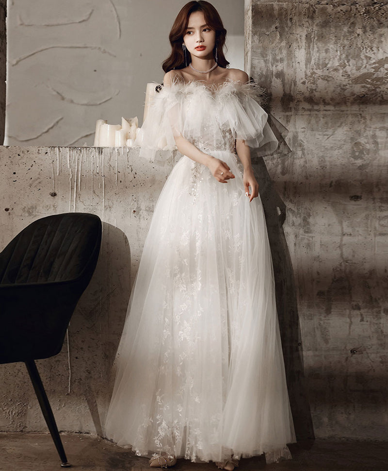 White Sweetheart Tulle Long Prom Dress, White Lace Long Graduation Dre –  shopluu