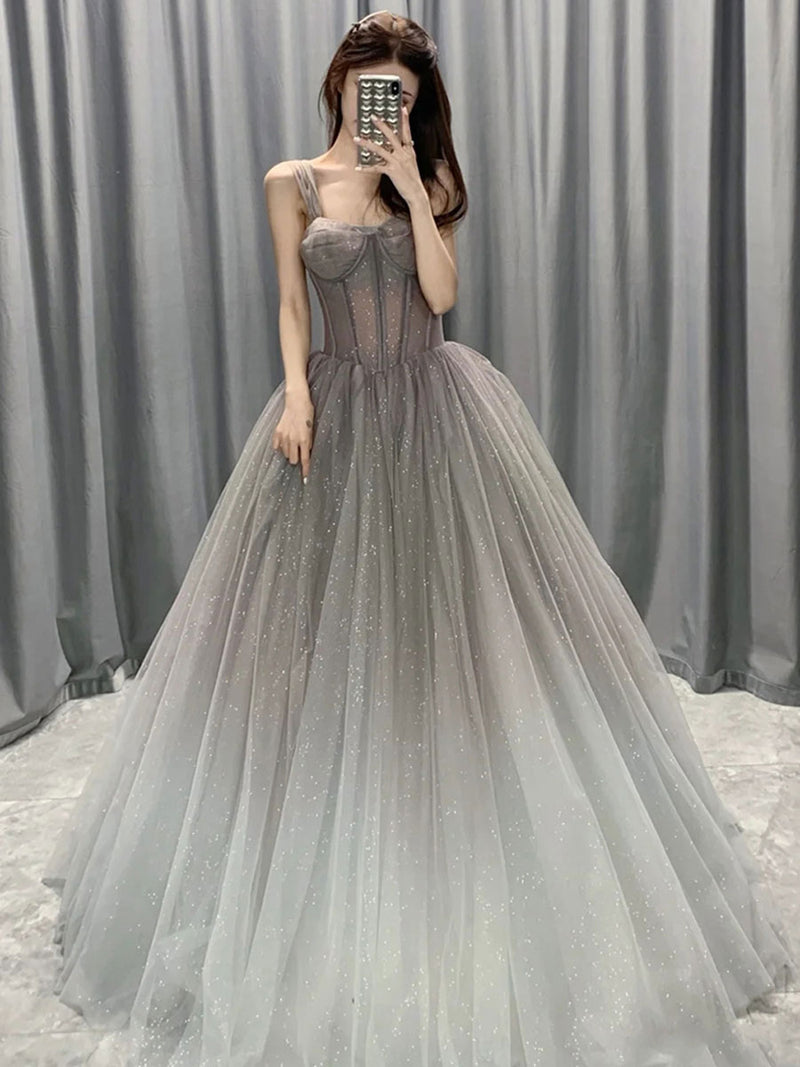 Grey Long Formal Prom Dresses Gray Sweetheart Neck Tulle Long Prom