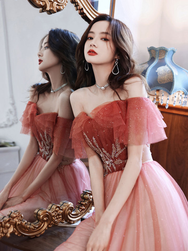 Burgundy A line Tulle Beads Long Prom Dress, Burgundy Formal Evening Dresses