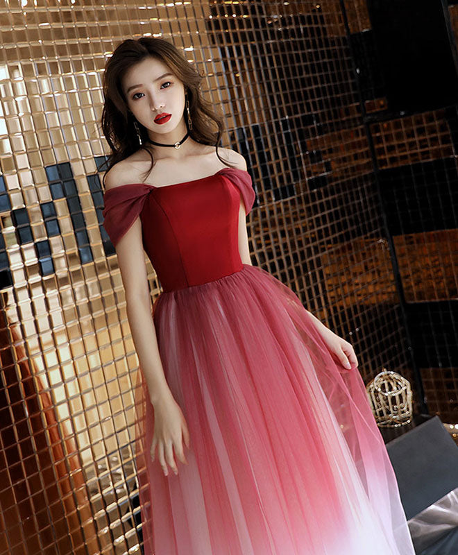 A-Line Burgundy Off Shoulder Tulle Long Prom Dress, Burgundy Evening Dress