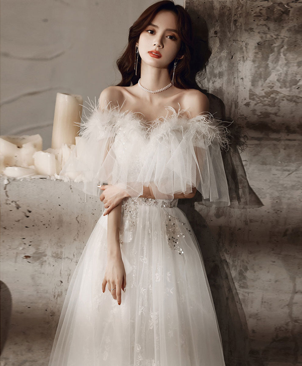 White Sweetheart Tulle Long Prom Dress, White Lace Long Graduation Dress