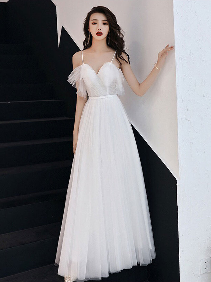 shopluu Simple White Sweetheart Neck Tulle Long Prom Dress, White Tulle Formal Dress US 8 / Custom Color
