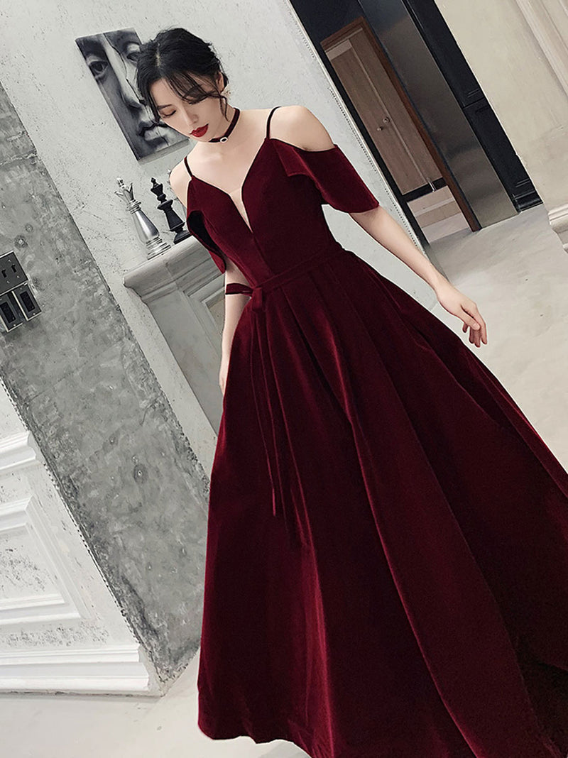 Burgundy Off Shoulder Velvet Long Prom Dress, Burgundy Formal Evening – shopluu