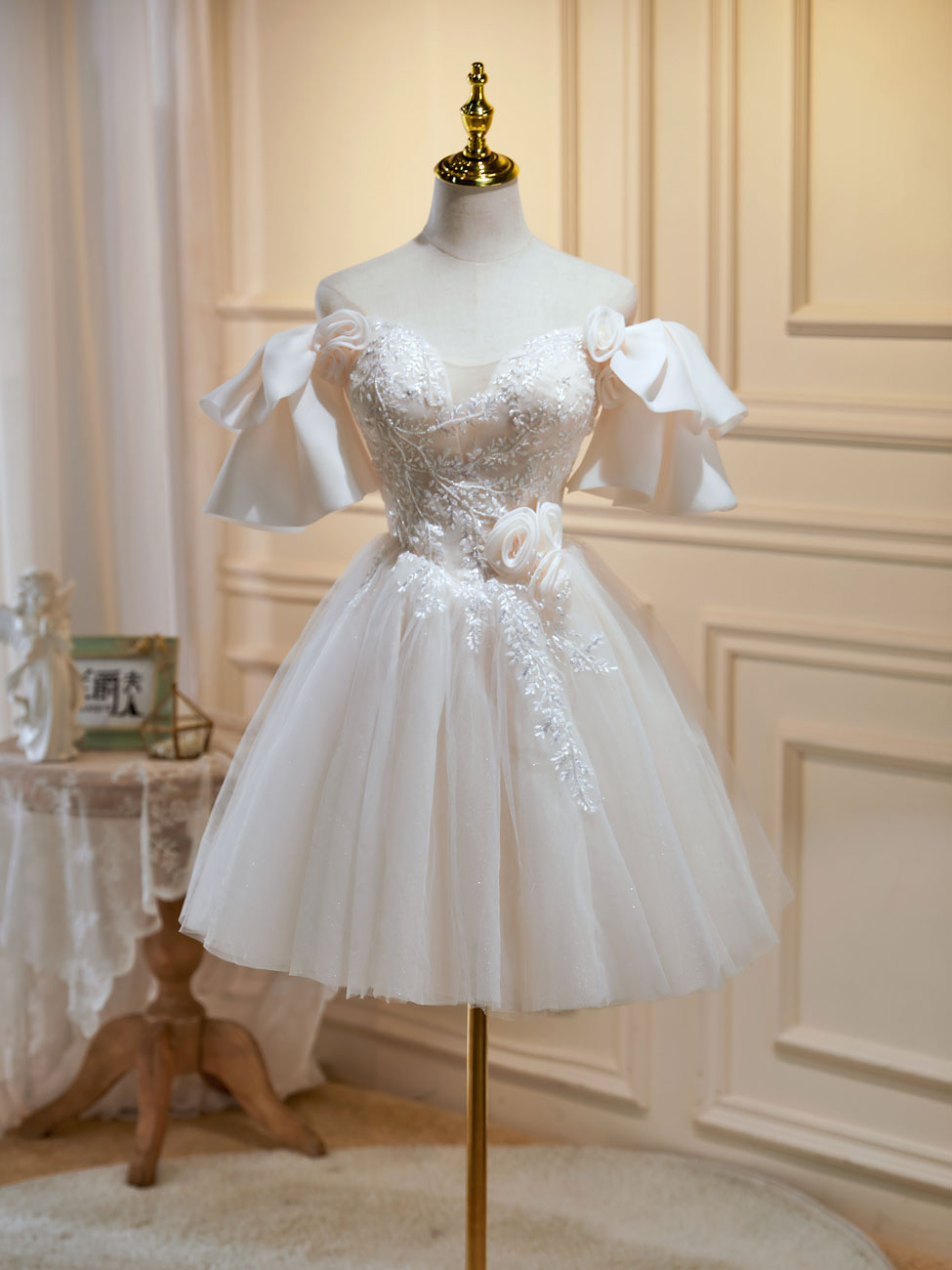 Mini/Short Beige Prom Dresses, Beige Tulle Lace Homecoming Dresses – shopluu