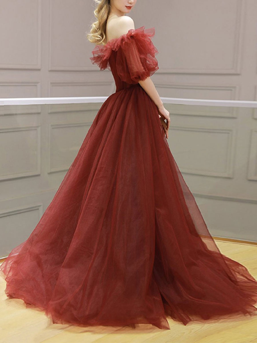 Burgundy Off Shoulder Tulle Long Prom Dress, Burgundy Evening Dress