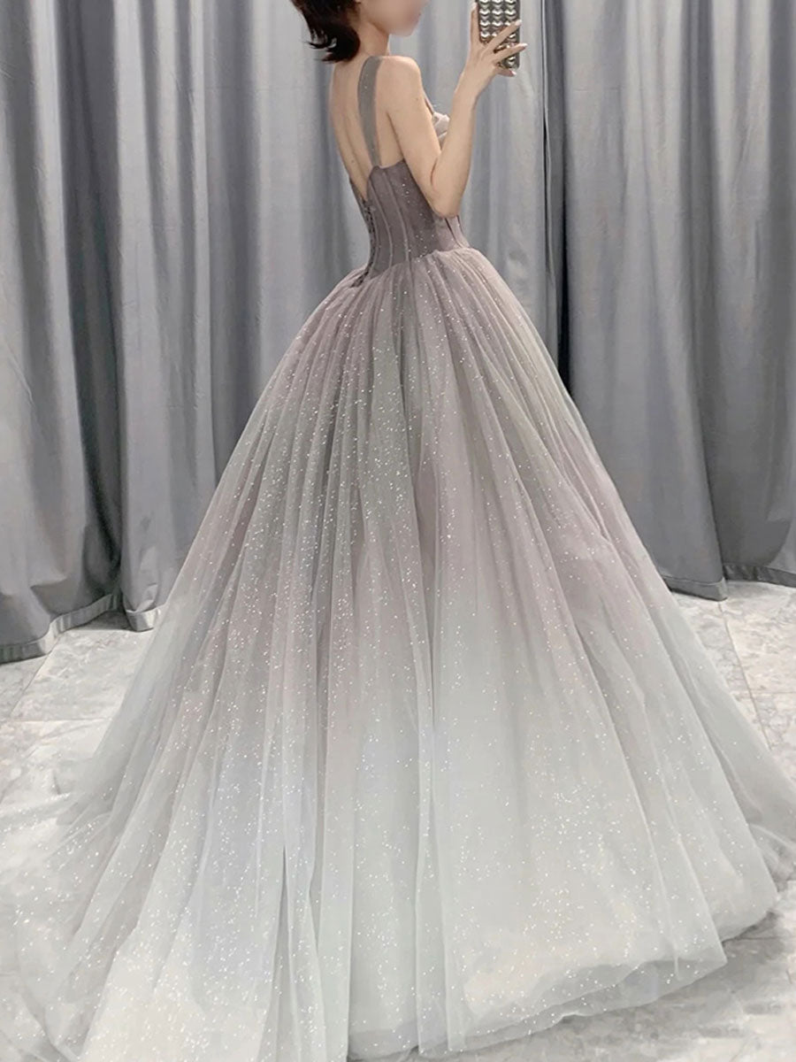 Gray Sweetheart Neck Tulle Long Prom Dress, Gray Formal Graduation Dresses