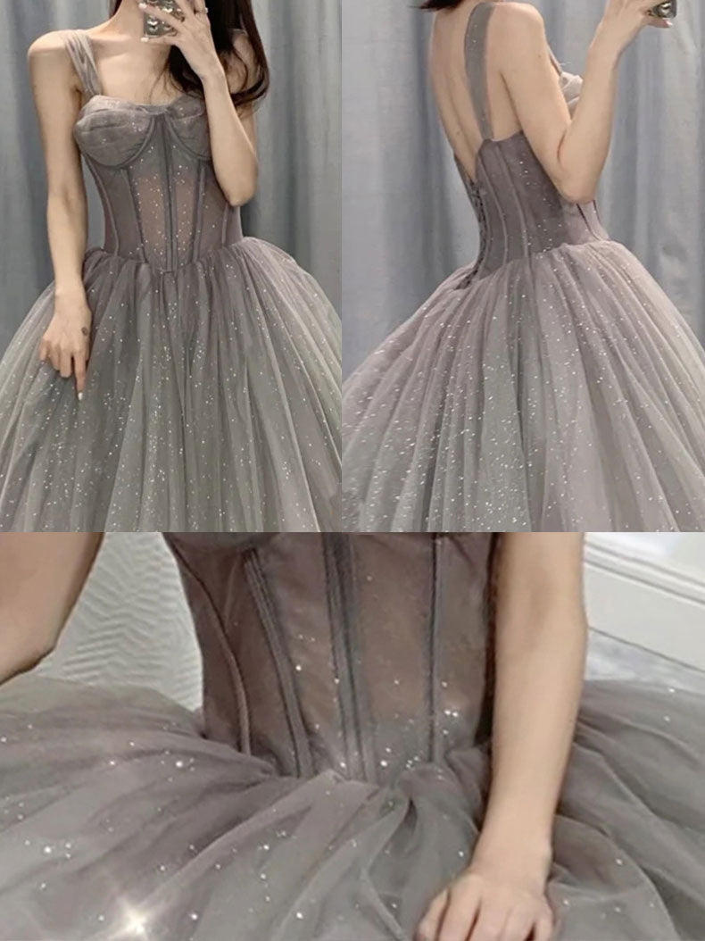 Gray Sweetheart Neck Tulle Long Prom Dress, Gray Formal Graduation Dresses