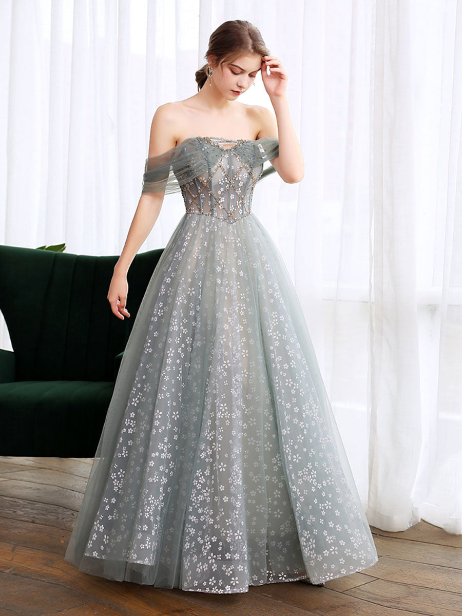 Gray Blue Tulle Lace Long Prom Dress, Gray Blue Evening Dress