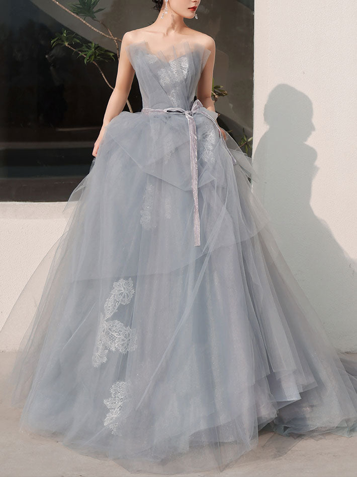 Gray Tulle Lace Long Prom Dress, Tulle Lace Evening Dress