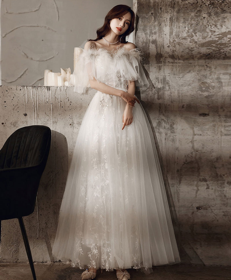White Tulle Puffy Sleeves Long Prom Dress, White Tulle Sweet 16 Dresse –  shopluu