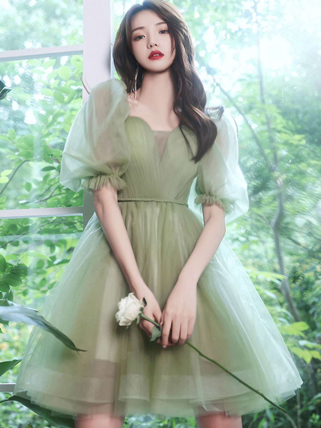 Simple Mini Tulle Short Green Prom Dress, Green Puffy Homecoming Dress