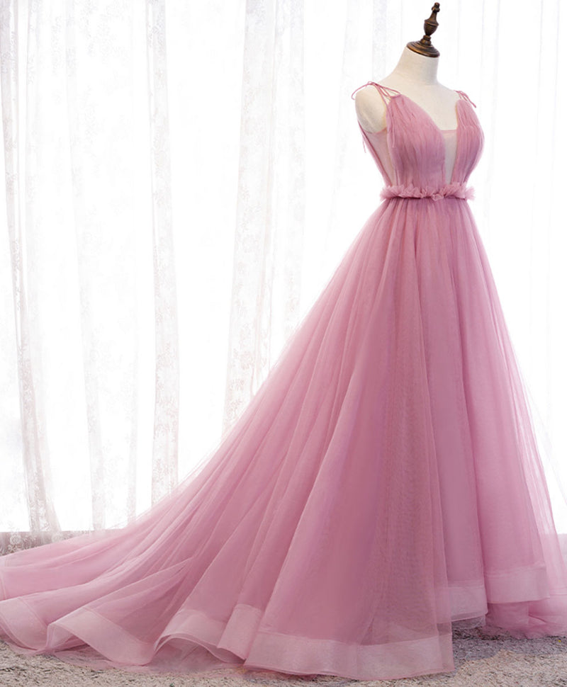 light pink elegant dresses Pink Tulle Long Prom Dresses, A-Line Evening Party Dresses US 14 / Pink