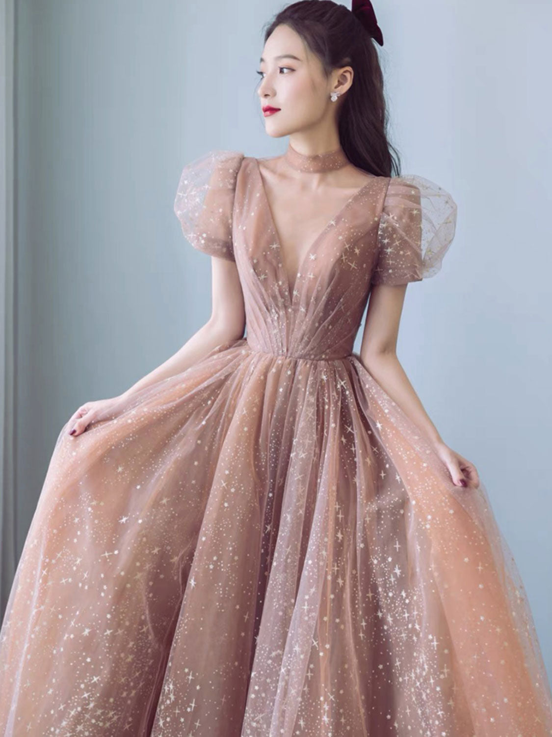 Simple Champagne V Neck Tulle Long Prom Dress, Champagne Evening Dresses