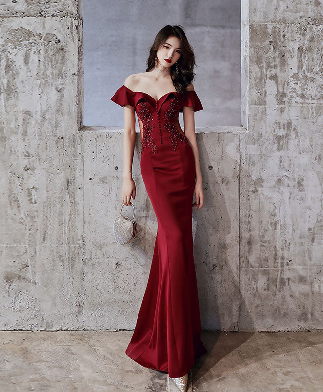 Burgundy Off Shoulder Mermaid Long Prom Dress Burgundy Evening