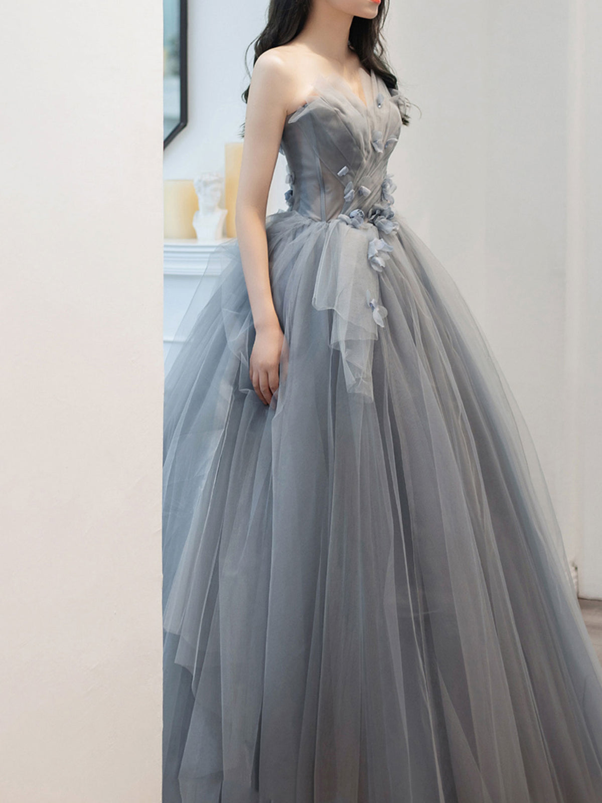 Gray Long Prom Dress, Gray Tulle Ball Gown Formal Dresses